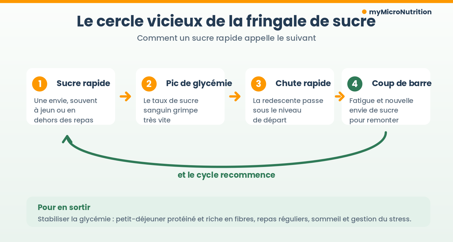 fringale de sucre : Schéma du cercle vicieux de la fringale de sucre : sucre rapide, pic de glycémie, chute rapide, coup de barre, puis nouvelle envie de sucre