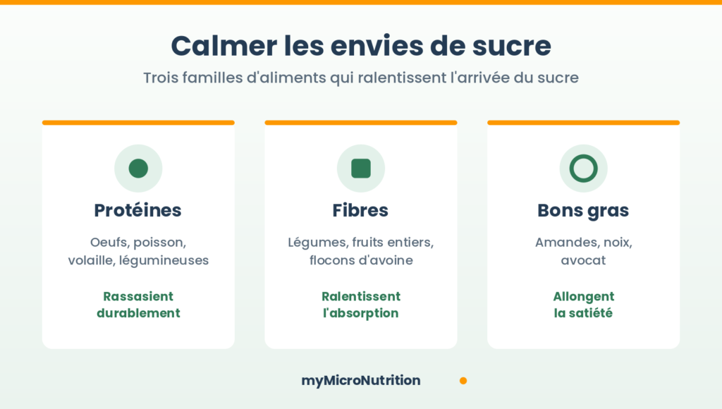 Infographie des trois familles d'aliments pour calmer les envies de sucre